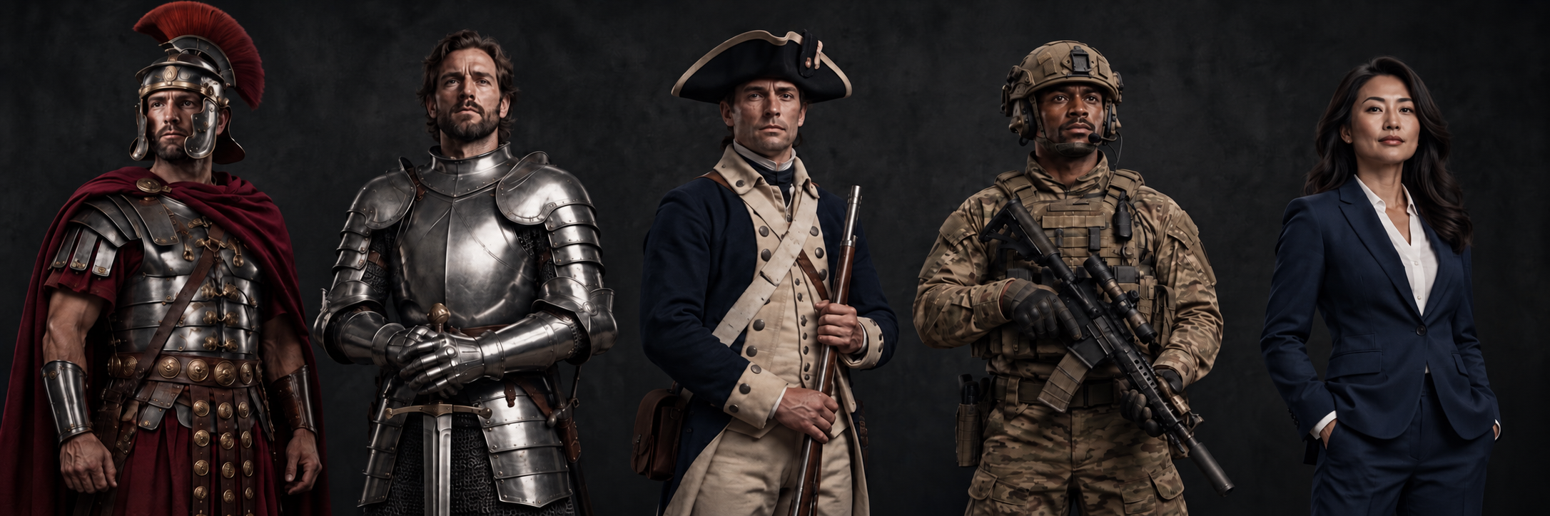 Left to right: Roman legionnaire, medieval knight, American Revolutionary War soldier, modern US special forces soldier wearing night vision goggles, and corporate professional in a navy suit